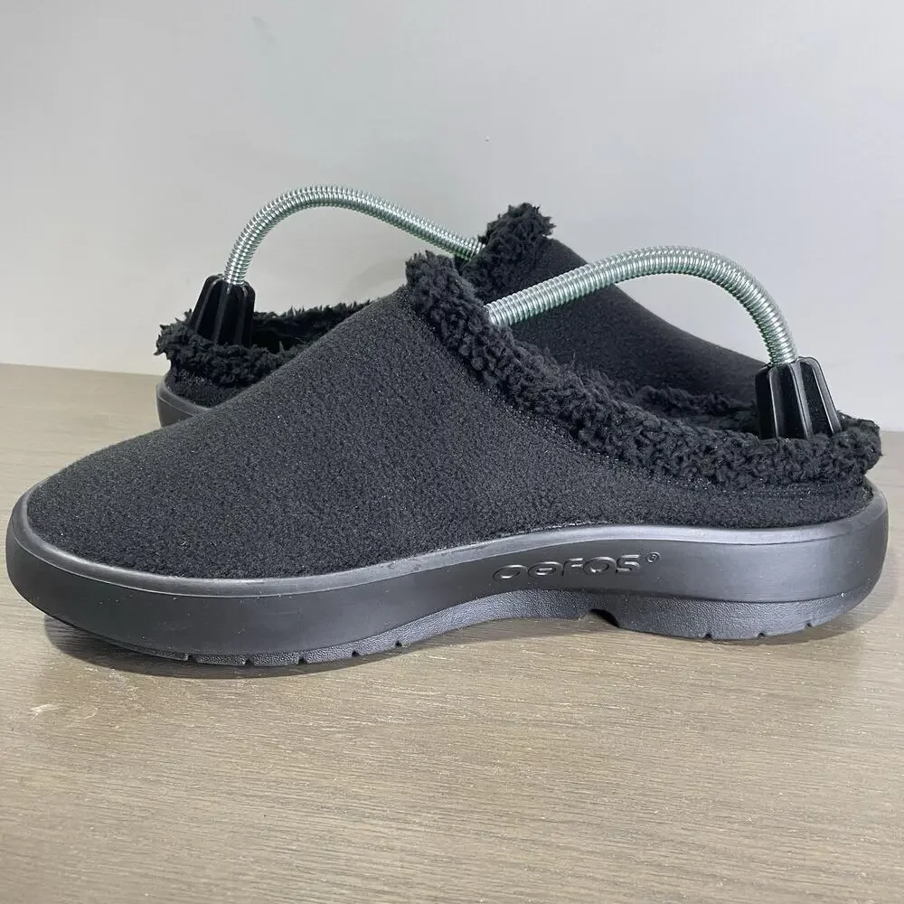 Oofos Mens 9.5 Slides NEW OOCozee Black Sherpa Lined Recovery Shoes Slip On Fur